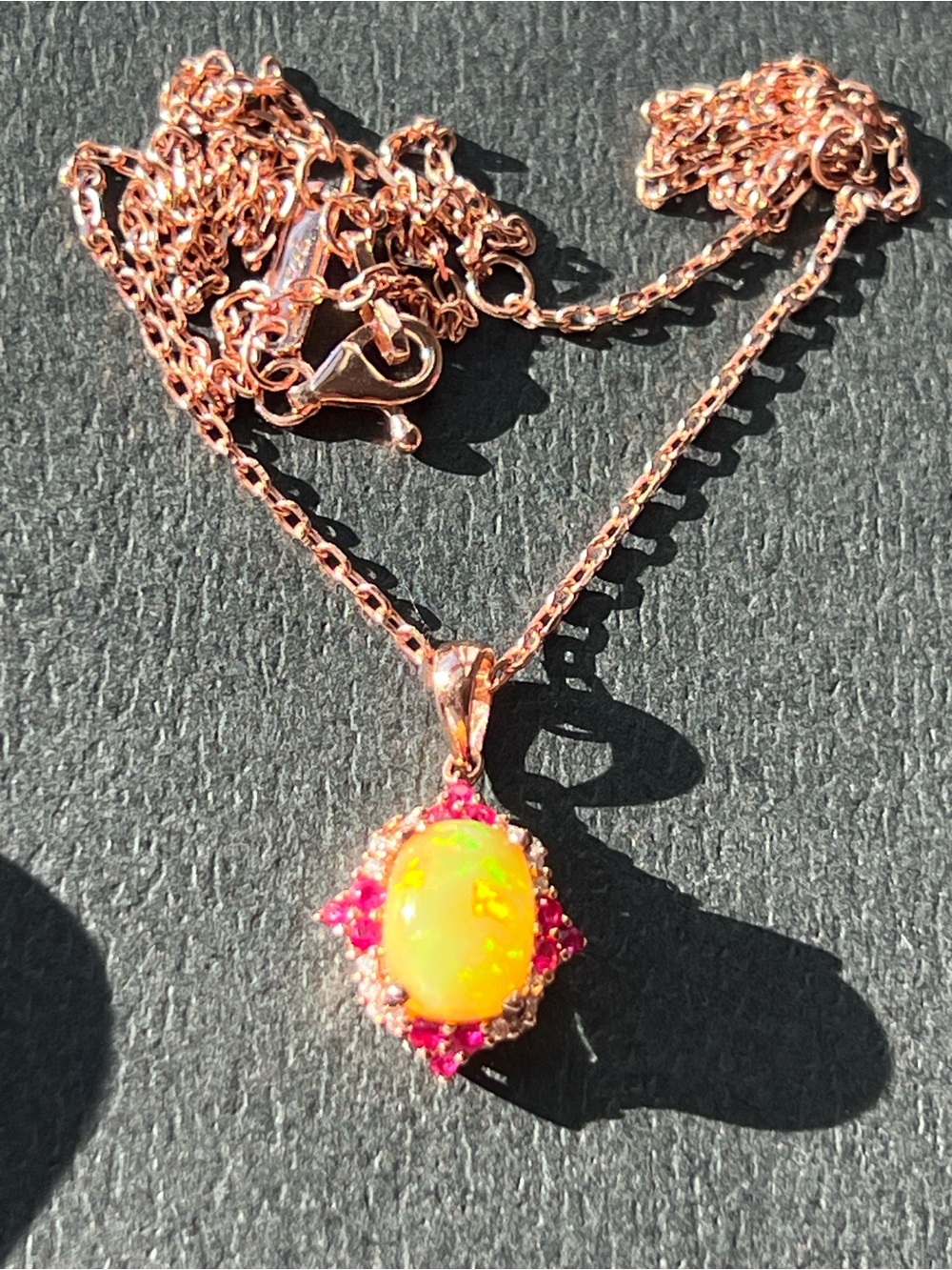Rose Gold Opal Pendant Necklace with Rubies and Diamond’s in 10k - Picture 6 of 17